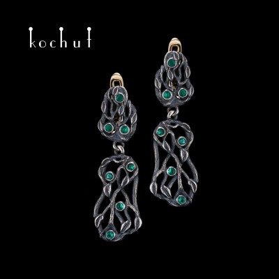 Earrings «Forest Veil». Yellow gold, sterling silver, emeralds, oxidized