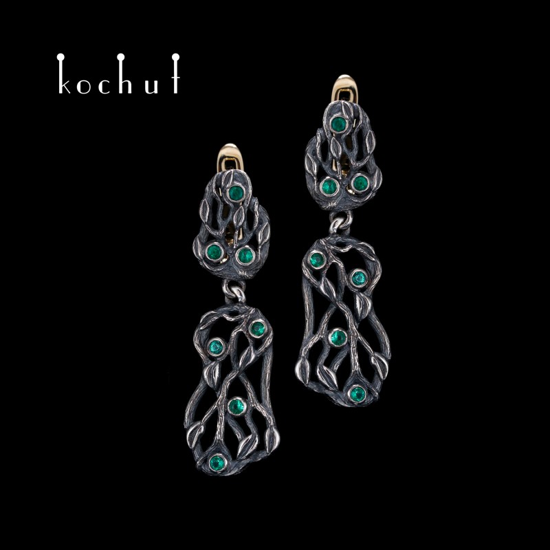 Earrings «Forest Veil». Yellow gold, sterling silver, emeralds, oxidation