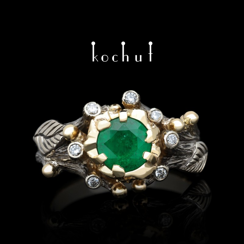 Engagement ring «The Triumph of Life». Palladium, yellow gold, emerald, diamonds