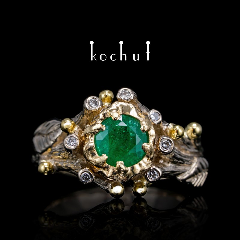 Engagement ring «The Triumph of Life». Palladium, yellow gold, emerald, diamonds