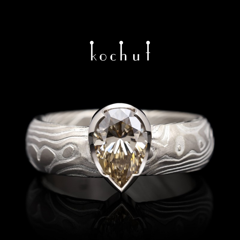 Mokume ring «Ikigai». Palladium gold, etched silver, diamond