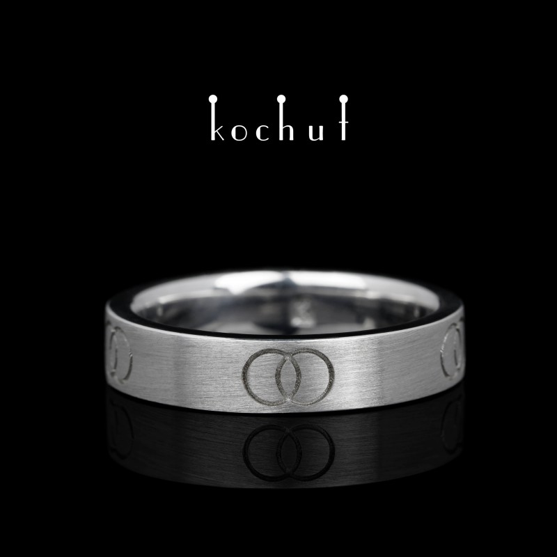 Flat-shaped wedding ring «In unison». Silver, white rhodium