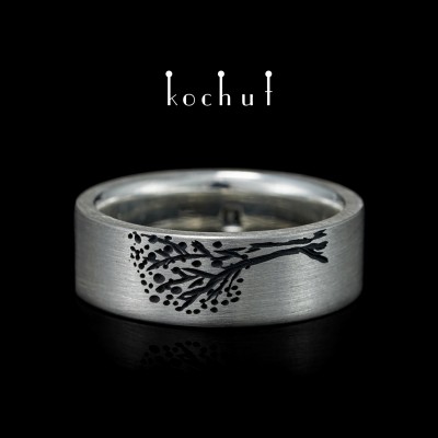 Flat-shaped wedding ring «Tree of Life: halves». Silver, oxidized