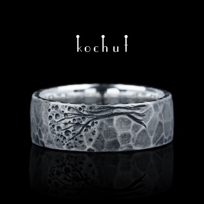 Flat-shaped wedding ring «Tree of Life: halves forged Light». Silver, oxidation