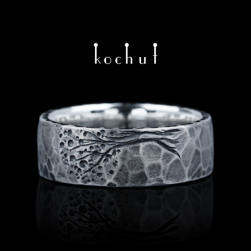 Flat-shaped wedding ring «Tree of Life: halves forged Light». Silver, oxidized