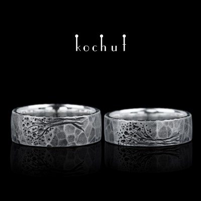 Flat-shaped wedding rings «Tree of Life: halves forged Light». Silver, oxidized
