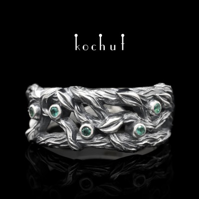 Ring «Forest Veil». Silver, emeralds, oxidation