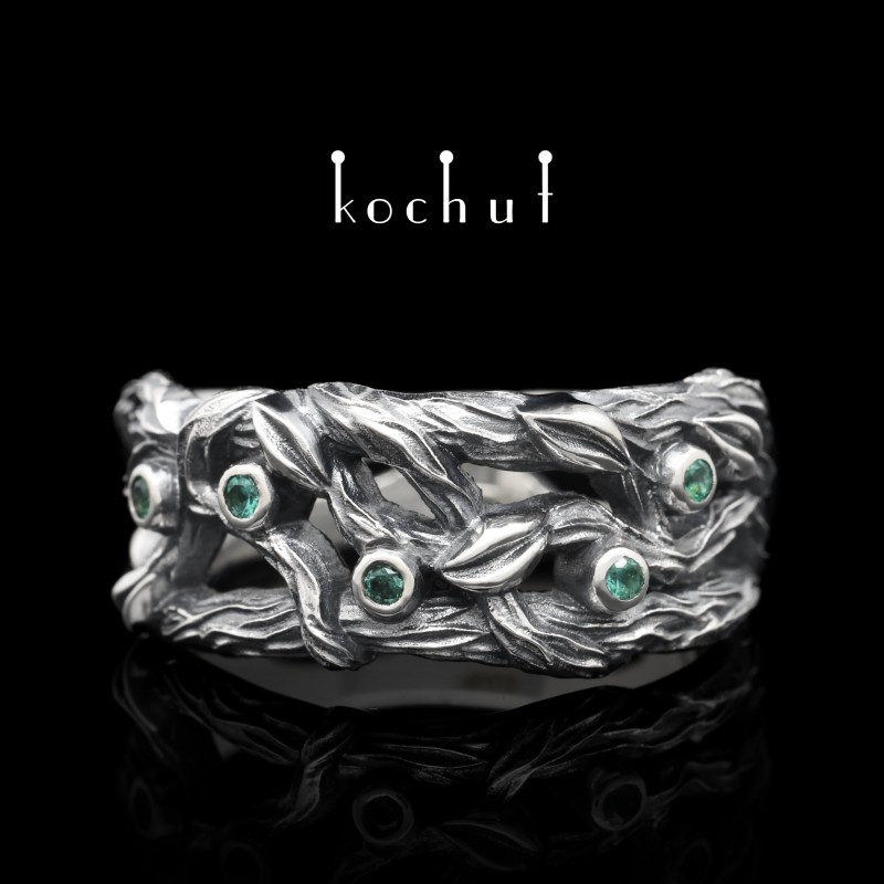 Ring «Forest Veil». Silver, emeralds, oxidized
