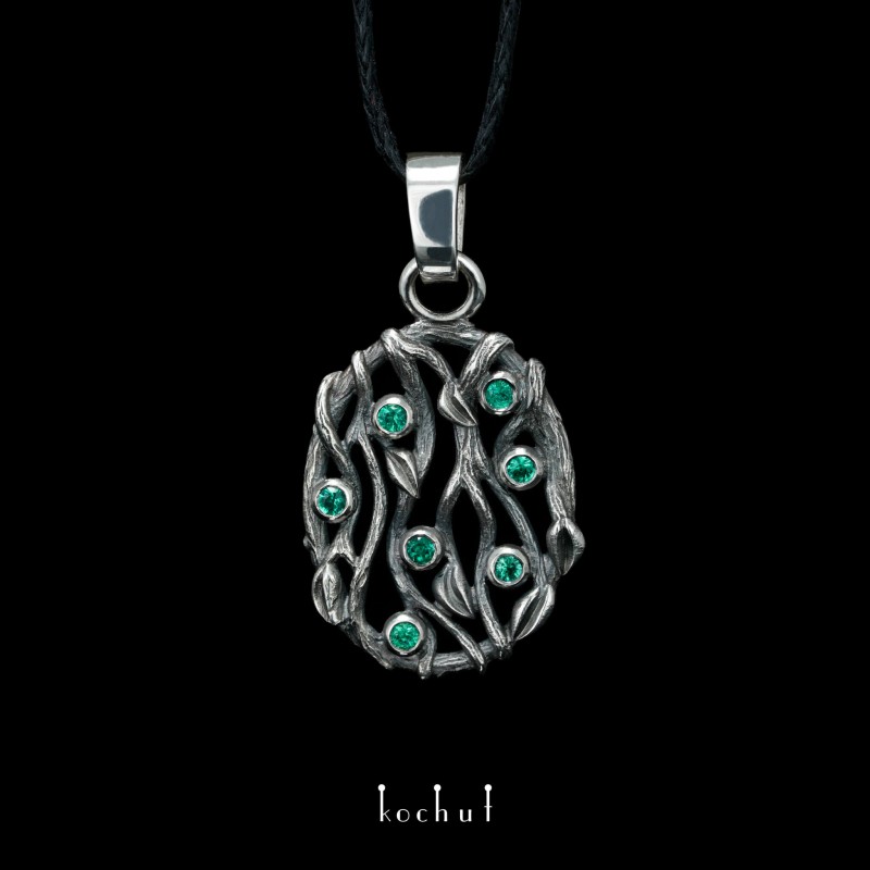 Pendant «Forest Veil». Silver, emeralds, oxidized