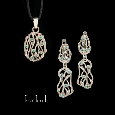 Jewellery set «Forest Veil». White gold, emeralds