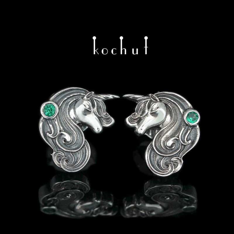 Earrings «Unicorns.» Silver, emeralds, oxidation