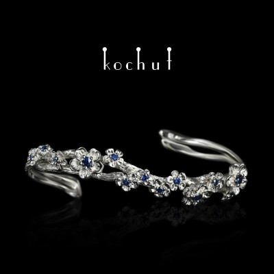 Bracelet «Floral». Silver, white rhodium, sapphires