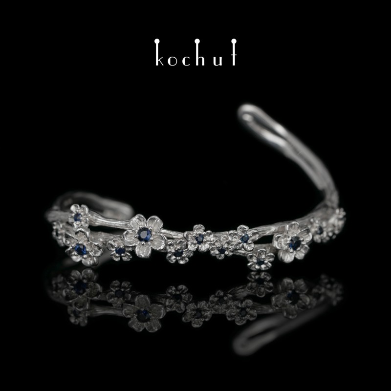 Bracelet «Floral». Silver, white rhodium, sapphires