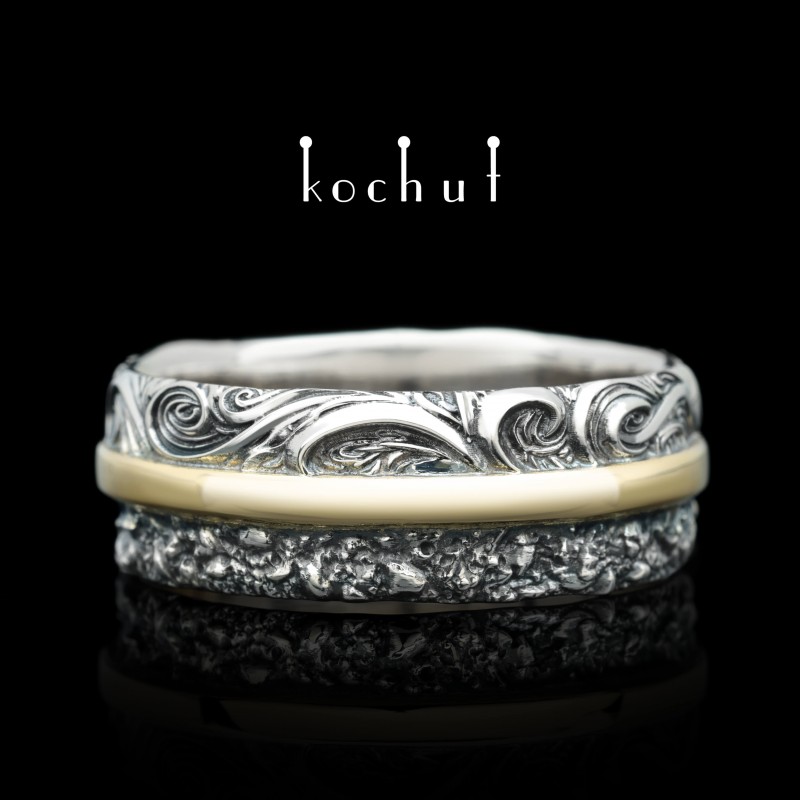Wedding ring «In joy and sorrow». Yellow gold, silver, oxidized