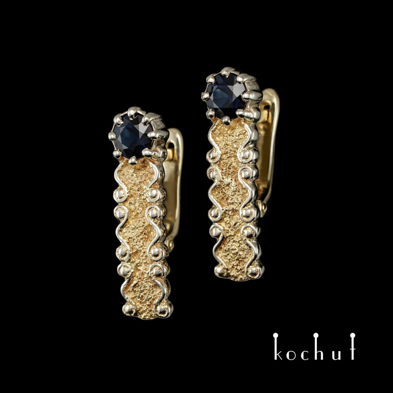 Earrings «Marquis». White and yellow gold, sapphires