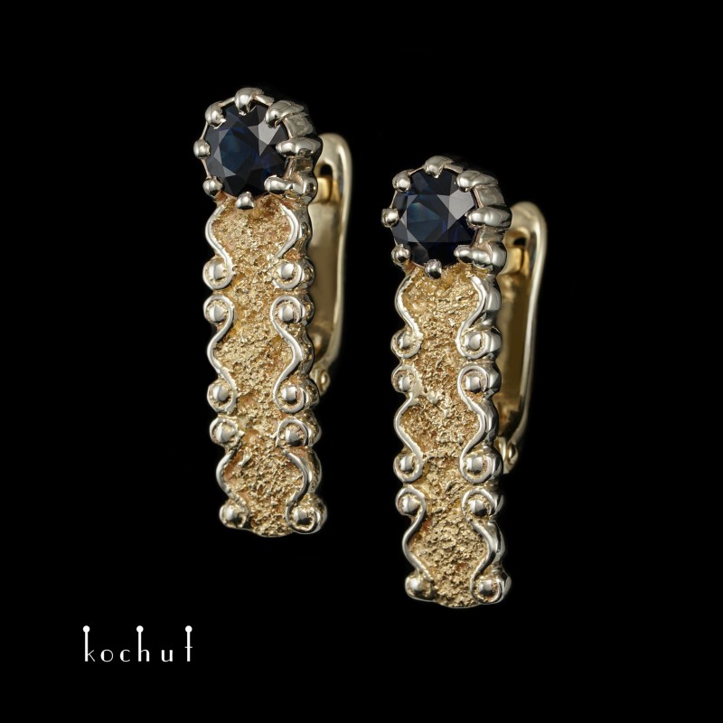 Earrings «Marquis». White and yellow gold, sapphires