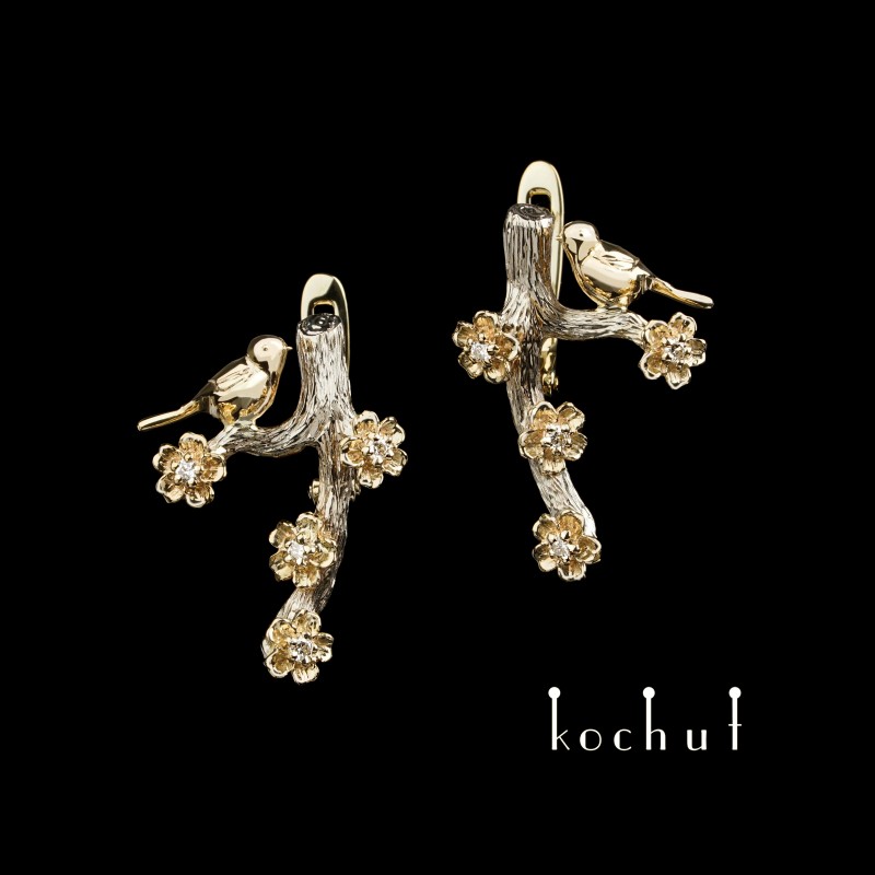 Earrings «Birds and Flowers». White, yellow gold, diamonds 