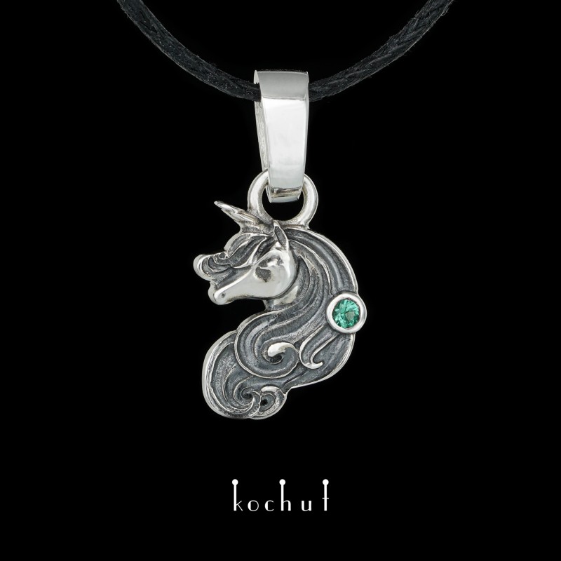 Unicorn — silver pendant with emerald