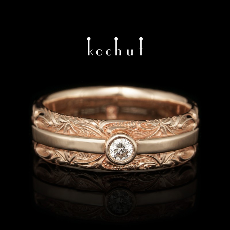 Wedding ring «In joy and in sorrow: common thoughts». Red gold, diamond