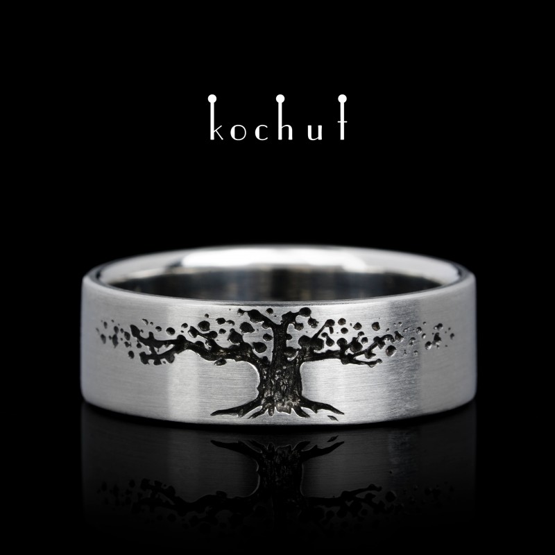 Flat-shaped wedding ring «Tree of Life». 23K Platinum, black rhodium