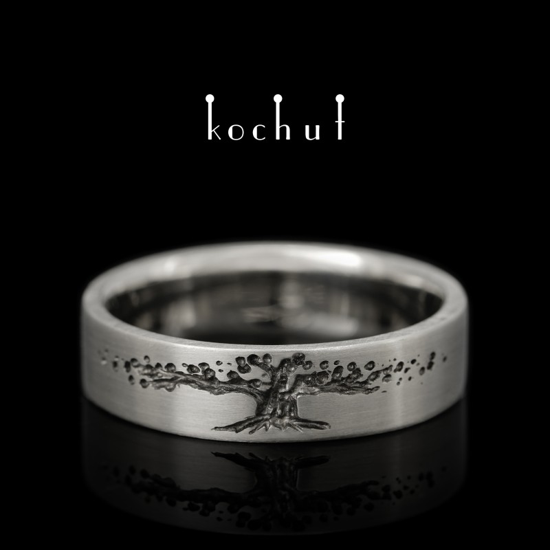 Flat-shaped wedding ring «Tree of Life». Platinum, black rhodium