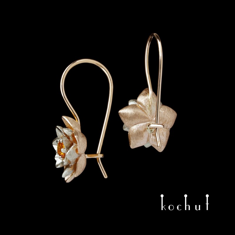 Earrings «Heart Lotus». White and red gold, orange sapphires