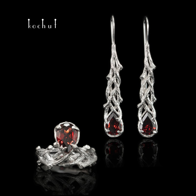 Galadriel — sterling silver set with red garnets (earrings + ring)