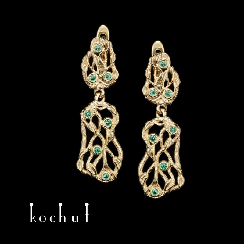 Forest Veil — gold earrings with emeralds