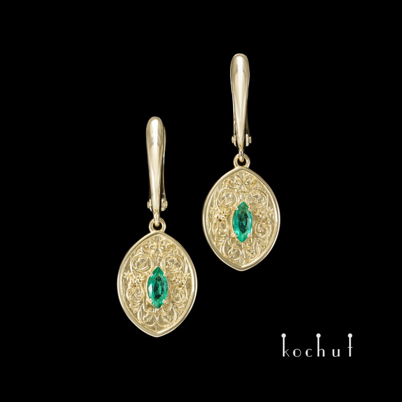 Earrings «Harmony of Nature». Yellow gold, emeralds