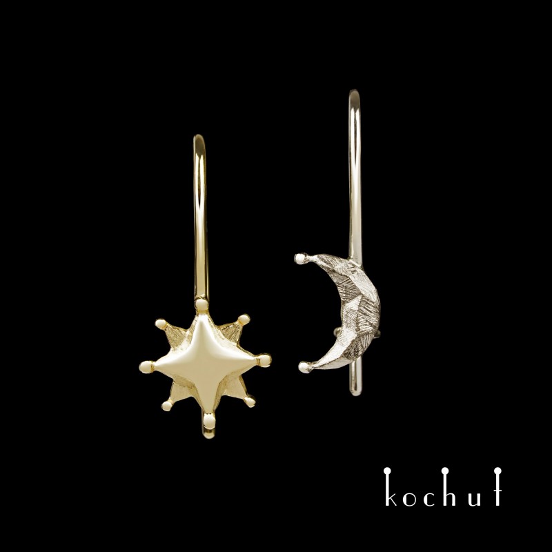 Earrings «Sun and Moon» with a French clasp. White, yellow gold