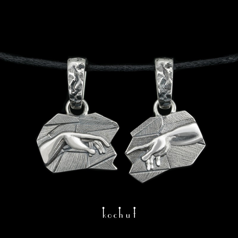 Double pendant «The Birth of Adam». Silver, oxidation