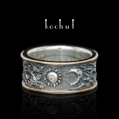 Wedding ring «Lovers». Red gold, silver, diamond, oxidized