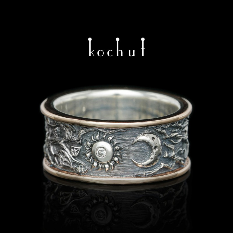 Wedding ring «Lovers». Red gold, silver, diamond, oxidized