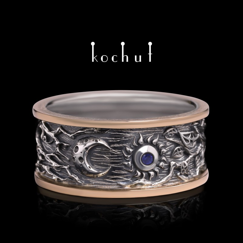 Lovers — wedding ring made of oxidized silver and red gold with a sapphire