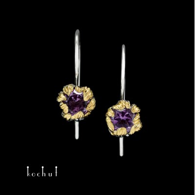 Earrings with a French castle «Peony». Silver, amethysts, white rhodium, gilding