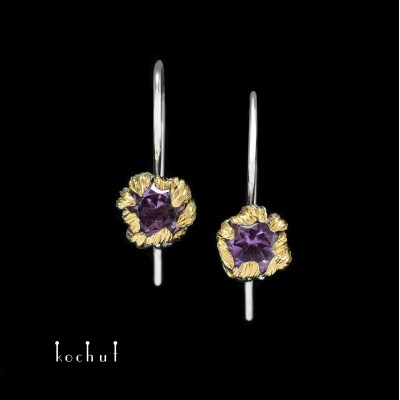 Earrings with a French castle «Peony». Silver, amethysts, white rhodium, gilding