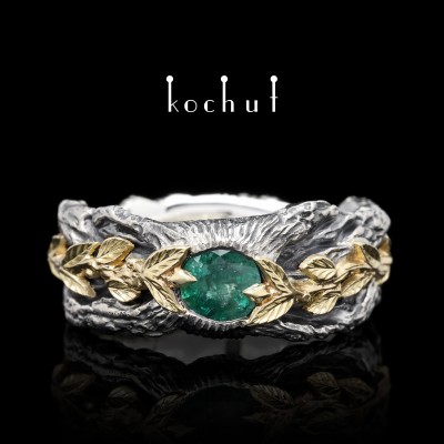 Ring "The Power of Life". Silver, yellow gold, emerald, oxidation