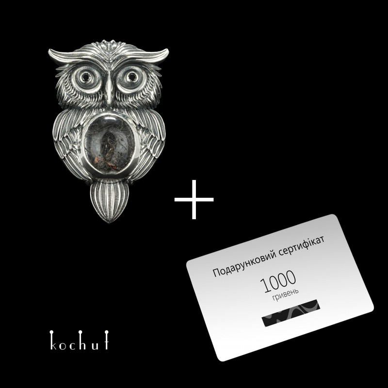 Brooch «Owl». Silver, oxidation, quartz cabochon, black diamond + Сertificate «1000 UAH»