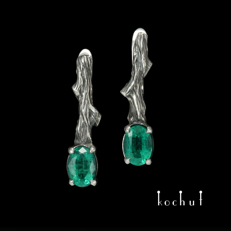 Earrings «Twigs. Fruit». Silver, emeralds, oxidized