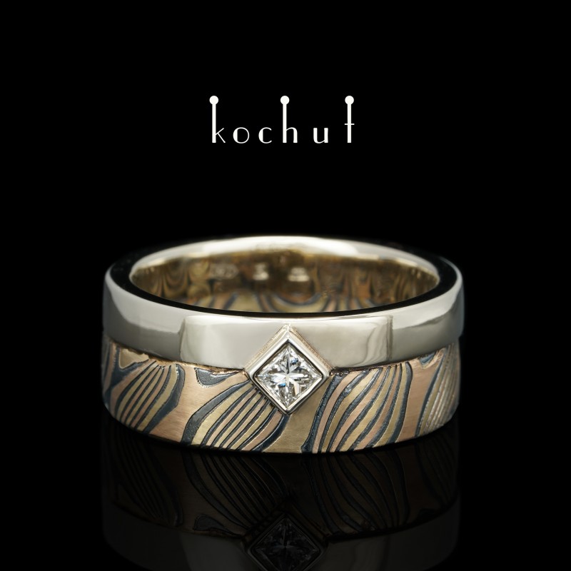 Seamless wedding ring «Allies». White, yellow and red gold, etched silver, diamond, oxidized 