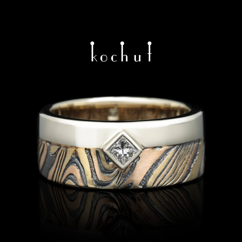  Seamless wedding ring «Allies». White, yellow and red gold, etched silver, diamond, oxidized