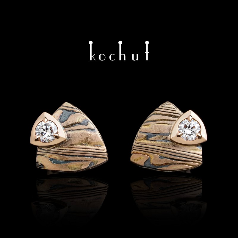 Earrings mokume «Seiche». Red gold, etched silver, diamonds, oxidized