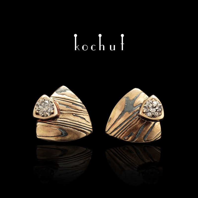 Earrings mokume «Seiche». Red gold, etched silver, diamonds, oxidation