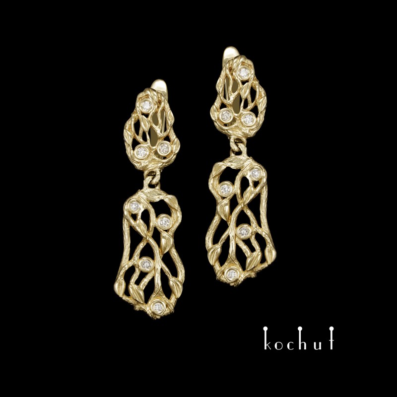 Earrings «Forest Veil». Yellow gold, diamonds 