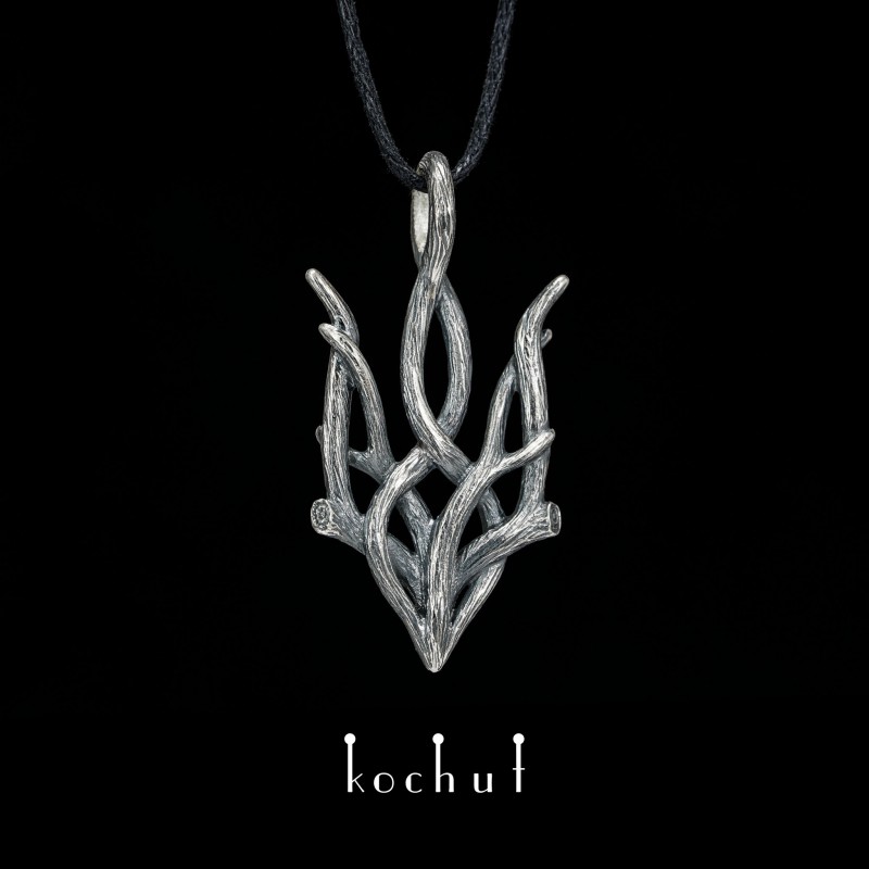 Forest trident — silver pendant with oxidation
