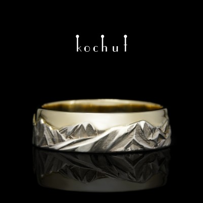 Wedding ring «Peaks of love». White and yellow gold