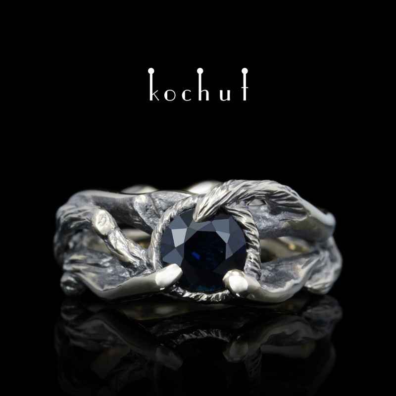 Ring «Forest Synapse». White gold, sapphire, black rhodium