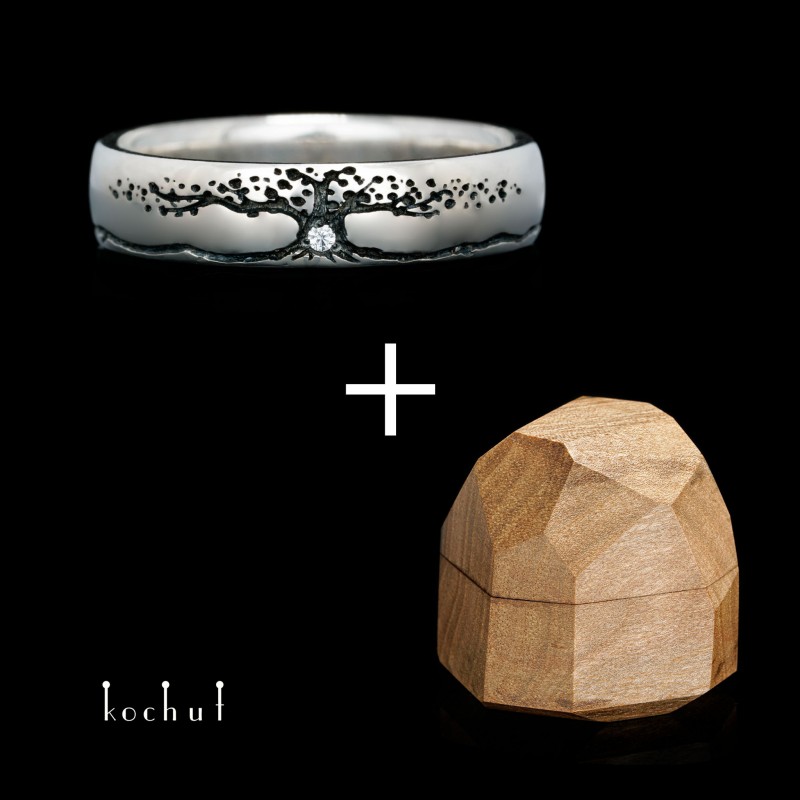 Ring «Tree of life». Silver, oxidation, cubic zirconia + Box «Meteorite»