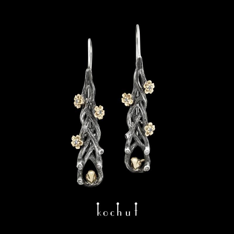Earrings «Rivendell». Silver, yellow gold, diamonds, oxidized