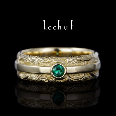 Wedding ring «In joy and in sorrow: common thoughts». Yellow gold, emerald